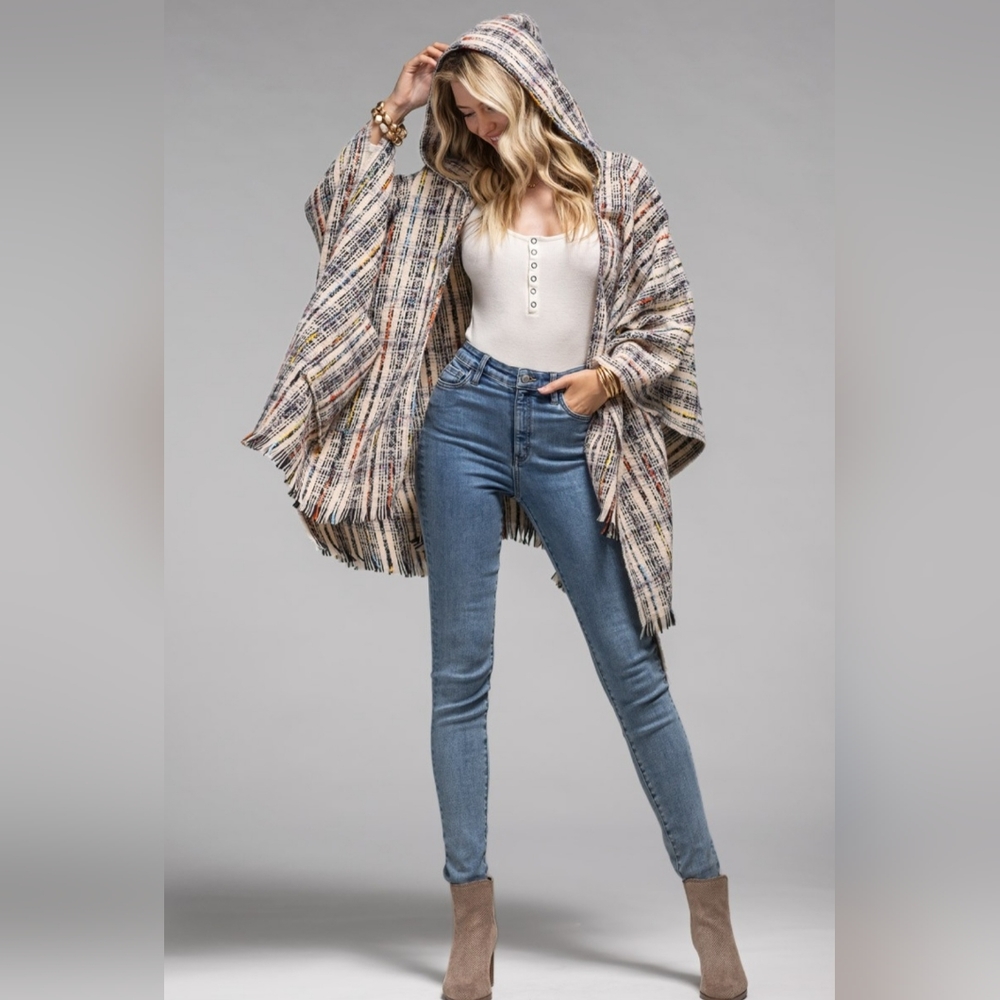Knit plaid hoodie Ruana with pocket sweater jacket poncho